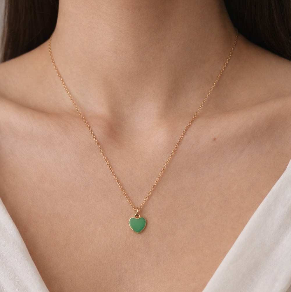 Gold Chain Necklace with Green Heart Charm